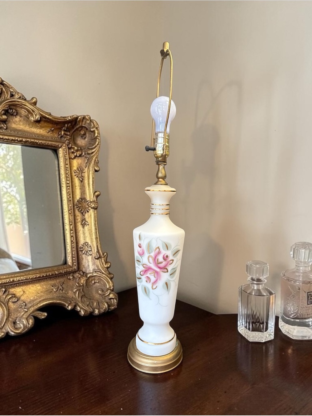 Vintage Mid-Century White Satin Milk Glass Table Lamp - Hand-Painted Pink Floral